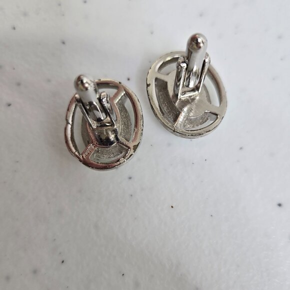 Swank Green Rhinestone Cufflinks Silver Tone Mens Oval Crystal Vintage - Picture 6 of 7